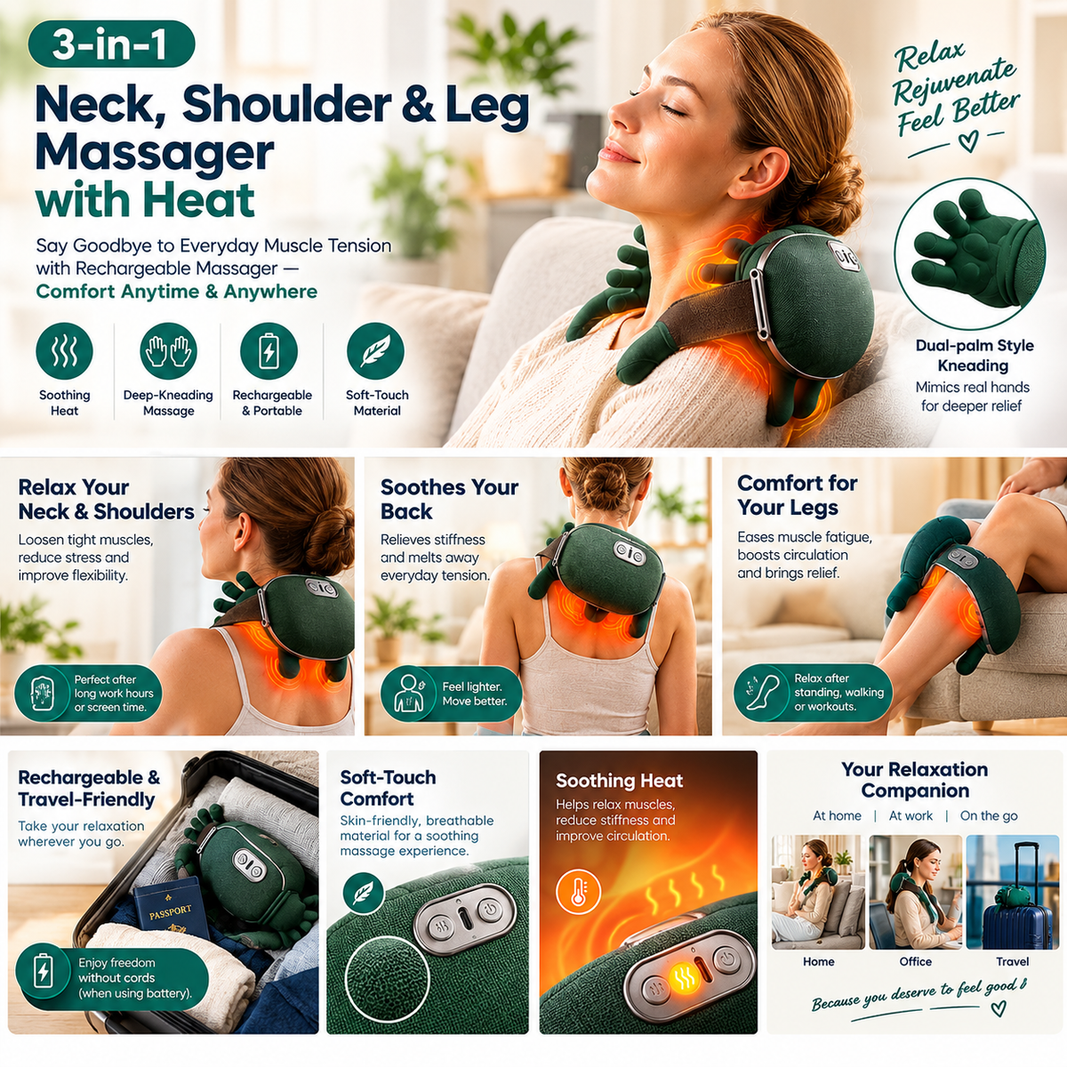 3-in-1 Neck, Shoulder & Leg Rechargeable Massager with Heat – Muscle Relaxation, Soothing Warmth & Deep Kneading