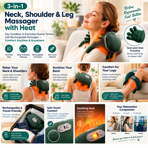 3-in-1 Neck, Shoulder & Leg Rechargeable Massager with Heat – Muscle Relaxation, Soothing Warmth & Deep Kneading