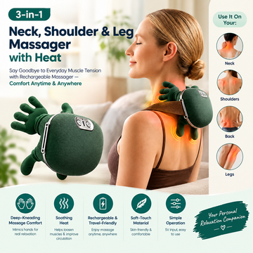 3-in-1 Neck, Shoulder & Leg Rechargeable Massager with Heat – Muscle Relaxation, Soothing Warmth & Deep Kneading