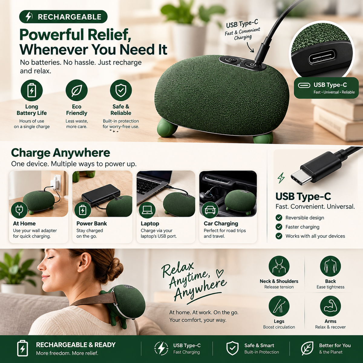 3-in-1 Neck, Shoulder & Leg Rechargeable Massager with Heat – Muscle Relaxation, Soothing Warmth & Deep Kneading